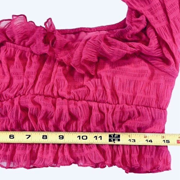 Frilly Romantic Fuchsia Crop Top Women Small Bishop Sleeve Textured Off Shoulder - Picture 14 of 16
